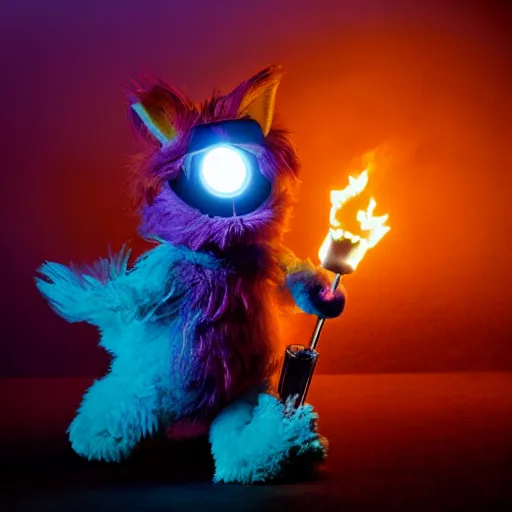 Image similar to a large fox colored furby muppet holding a lit torch and herding a bunch of random muppet animals following behind through a dark felt forest at night, sesame street, photograph, photography, ultrarealistic, national geographic