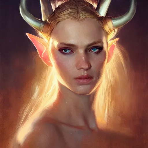 Prompt: A head-on detailed oil fantasy portrait of a pretty elf woman with horns on her forehead, long blonde hair and bright copper irises, by greg rutkowski, trending on artstation, dungeon and dragons art