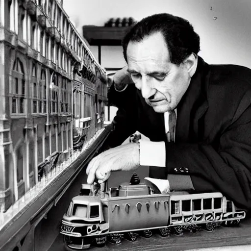 Image similar to alfredo perez rubalcaba playing with train toys