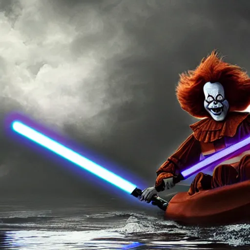 Prompt: pennywise the clown fighting darth vader on a kayak, photo, hyperrealistic, star wars, it