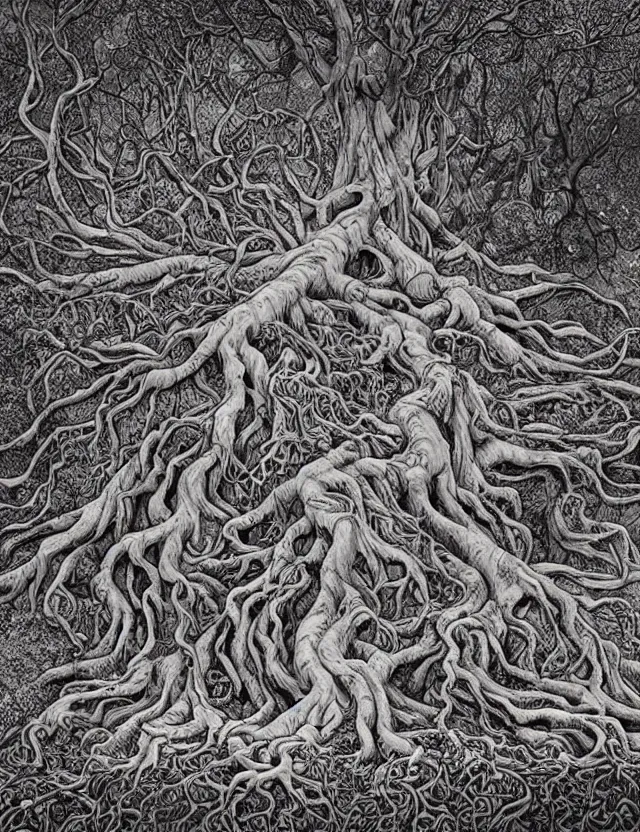 Image similar to an ancient tree with gnarled roots on a hill, there are rivulets of water running down and a maze on the ground by james jean and pascal blanche