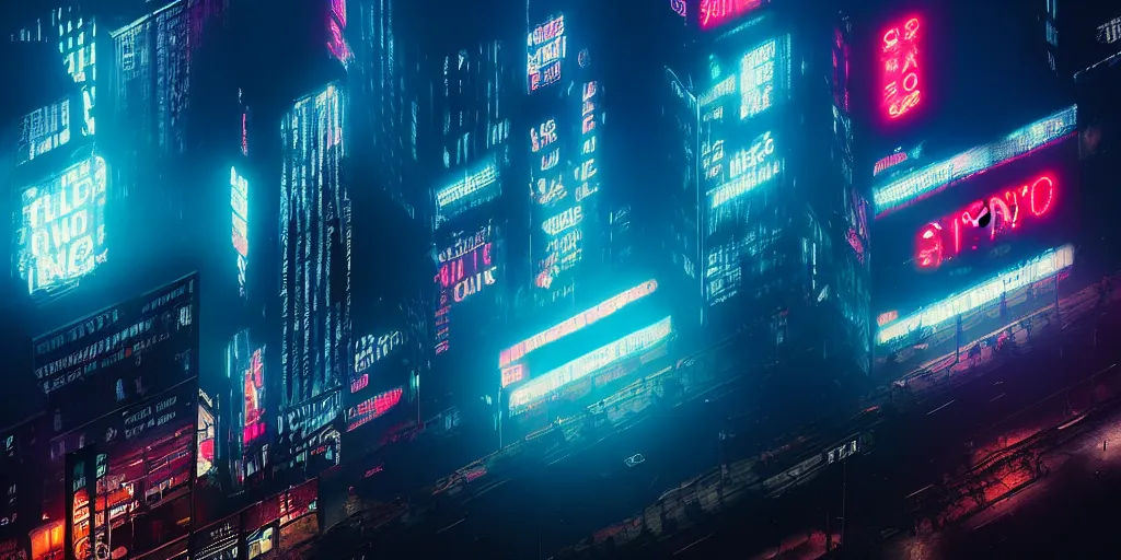 Image similar to giant illuminated advert screens, eerie fog, megacity streets seen from above, neon signs, blade runner, ex machina