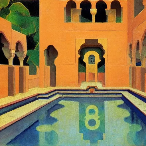 Prompt: a detailed oil painting of a harem pool with arabic patterns, by nicholas roerich, by frank frazetta!!!! by georgia o keeffe by frederick william elwell, by hans emmenegger, by eyvind earle highly detailed!!!, realistic, outline, line work, fantasy, oriental, stylised flat colors, animation
