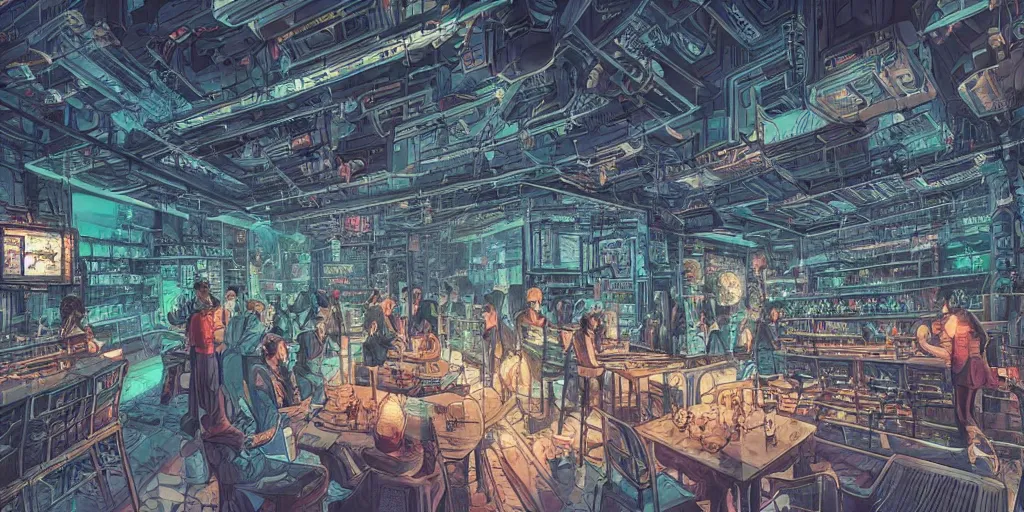 Image similar to Highly detailed realistic photo of interior design in style of minimalism by Hiromasa Ogura and Josan Gonzalez of detailed cyberpunk tavern with stone walls and neon lights, a lot of electronics and people, many details. Natural white sunlight from the transperient roof.
