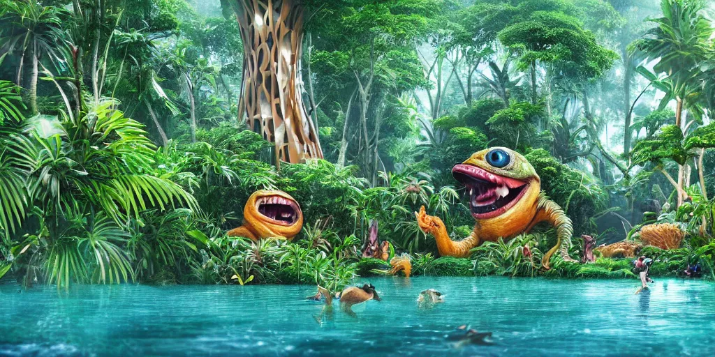 Image similar to of a tropical rainforest lake with strange cute friendly happy creatures with huge eyes, mouth, long tongue, round teeth and goofy face, appearing from the trees, in the style of gehry and gaudi, macro lens, shallow depth of field, ultra detailed, digital painting, trending artstation, concept art, illustration, cinematic lighting, photorealism, epic, octane render