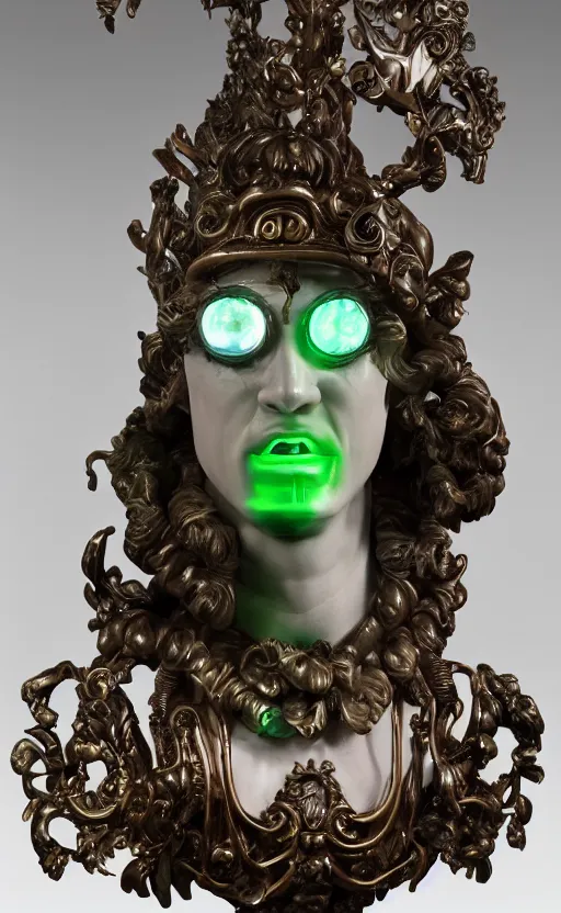 Prompt: a young handsome seductive latino porcelain sculpture of a prince with a head of a CRT monitor and a large glowing violet crystal in the center of his chest, full-body bronze cyberpunk style statue of Andromeda with glowing green laser eyes, crown of mechanical chrysanthemums, flowing aqua silk, fabric, steampunk flowers. baroque elements, human hands. full-length view. baroque element. intricate artwork by caravaggio. many flying horses on background. Trending on artstation, octane render, cinematic lighting from the right, hyper realism, octane render, 8k, depth of field, 3D