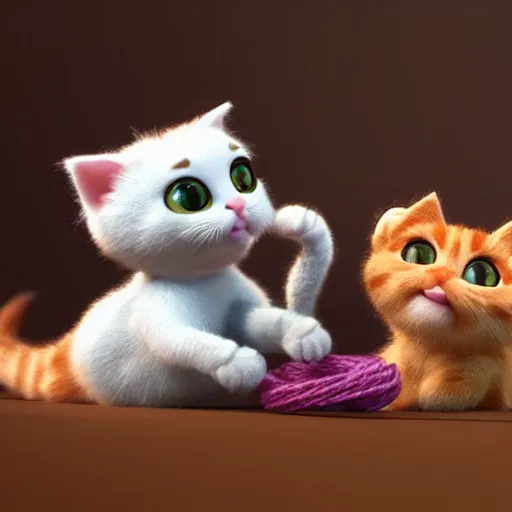 Prompt: miniature closeup of cute kittens playing with yarn, claymation, Pixar animation, visually stunning, 50mm, highly detailed, award-winning, octane render, unreal engine