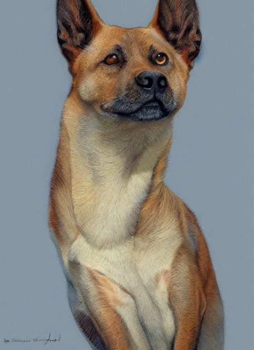 Image similar to portrait of a Carolina dog, highly detailed, centered, solid color background, digital painting, artstation, concept art, smooth, sharp focus, illustration, artgerm, donato giancola, Joseph Christian Leyendecker, Les Edwards, Ed Repka, WLOP