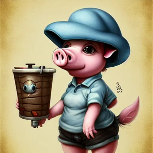 Image similar to cute little anthropomorphic funny female pig wearing shorts, a hat, boots and a pale blue shirt!! tiny!! fully clothed!!! small, short, cute and adorable, character art portrait, matte fantasy painting, deviantart artstation, by jason felix by steve argyle by tyler jacobson by peter mohrbacher, cinema