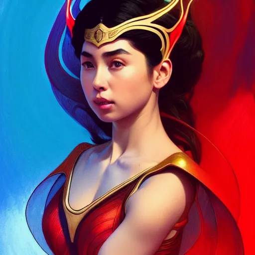 Prompt: julia barretto as darna, volumetric lights, red and cyan theme, art nouveau botanicals, intricate, highly detailed, digital painting, artstation, concept art, smooth, sharp focus, cinematic, illustration, beautiful face, art by artgerm and greg rutkowski and alphonse mucha