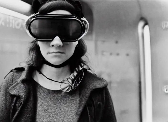 Image similar to close - up portrait of a young woman wearing a choker and welding goggles, in a subway, richard avedon, tri - x pan