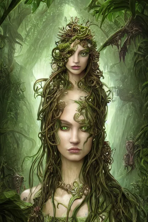 Image similar to a beautiful young woman, Vraska golgari queen, long flowing medusa hair, mostly green and brown leather pirate armor, young female face, vine like plants and jungle background, cinematic top lighting, insanely detailed and intricate, face by wlop, Charlie Bowater, golden ratio, symmetric, elegant, ornate, luxury, elite, matte painting, MTG, magic the gatheing, cinematic, cgsociety, 8k, high resolution