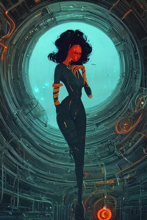 Image similar to a fancy portrait of sci - fi long curly blue haired lady, stray wiring by atey ghailan, james gilleard, by joe fenton, by greg rutkowski, by greg tocchini, by kaethe butcher, 4 k resolution, gradient red, orange, black and white color scheme!!! ( ( nebula dystopian city spiral background ) )