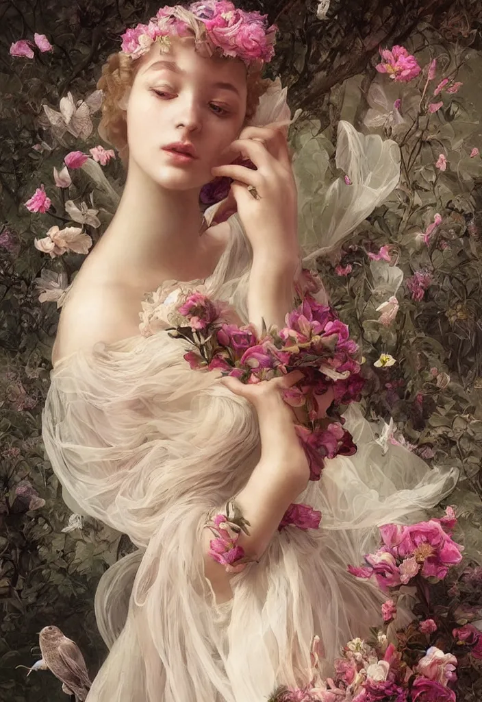 Prompt: beautiful, haunting young woman, in renaissance times, detailed gorgeous face, sad eyes, vaporwave aesthetic, synthwave long luxurious gown made out of pearls, hair done up with flowers and ribbons, digital art, butterflies, birds, digital painting, artstation, concept art, smooth, sharp focus, illustration, art by artgerm and greg rutkowski and alphonse mucha