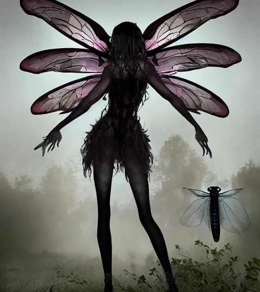 Image similar to gothic fairy with dragonfly wings, digital painting, liminal eerie midnight backlit, a picture taken by Michael Komarck