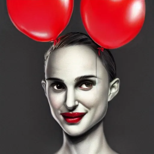 Prompt: surrealism grunge cartoon portrait sketch of natalie portman with a wide smile and a red balloon by - michael karcz, loony toons style, horror theme, detailed, elegant, intricate