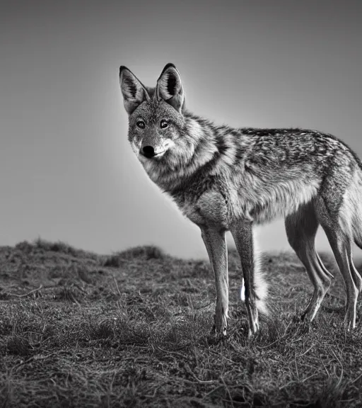 Prompt: Award winning Editorial photo of a wild coyote with dinner by Edward Sherriff Curtis and Lee Jeffries, 85mm ND 5, perfect lighting, gelatin silver process