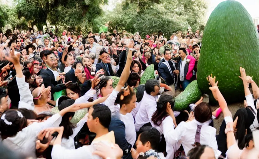 Image similar to a crowd of mexicans dancing around a giant avocado in a wedding,