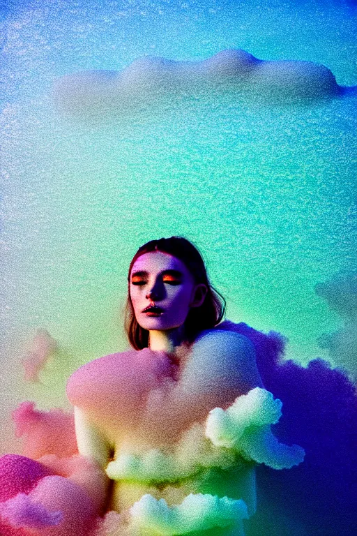 Image similar to high quality pastel coloured film close up wide angle photograph of a model wearing clothing swimming on cloud furniture in a icelandic black rock!! environment in a partially haze filled dreamstate world. three point light, rainbow. photographic production. art directed. pastel colours. volumetric clouds. pastel gradient overlay. waves glitch artefacts. extreme facial clarity. 8 k. filmic.