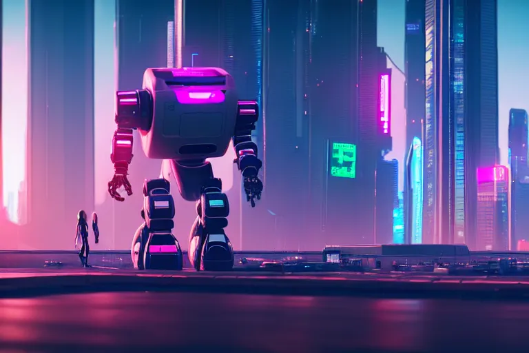 Image similar to a cute big robots in at cyberpunk city. super realistic 8 k render of a elegant, cinematic composition