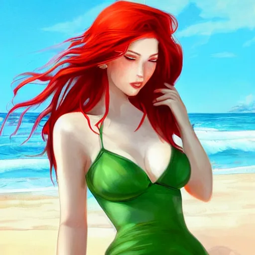 Prompt: beautiful woman with red hair and green eyes wearing a white sundress, on a beach, flirting, smiling, eye contact, perfect face, perfect body, digital art in the style of artgerm and WLOP, extreme long shot