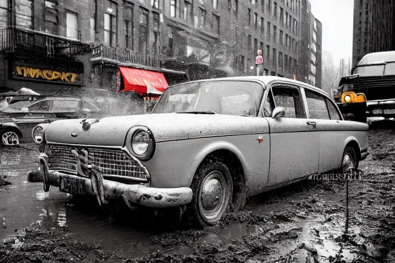 Prompt: street photography by saul leiter, in a muddy new york high quality street, award winning photo of an ultra detailed dirty vintage high quality ford car speeding very fast on mud, fast shutter speed, motion blur, tiny gaussian blur, highly detailed, highly intricate, depth of field, trending on top gear
