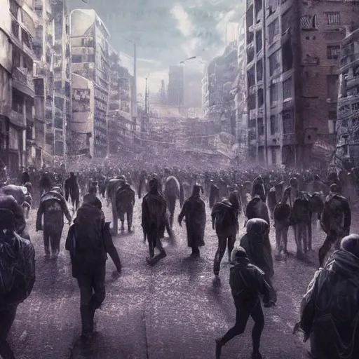 Image similar to hordes of drone-like people aimlessly walking around a depressing dystopian cityscape , trending on artststion, hyper realistic, surreal, melancholic, 8k, upscaled