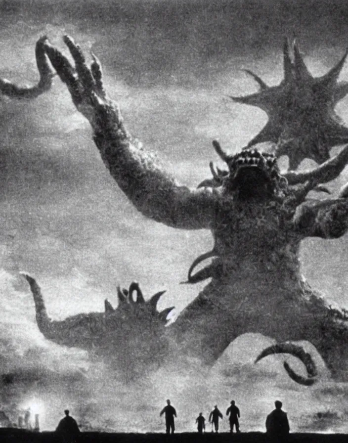 Prompt: a filmstill of a north korean monster movie, kaiju - eiga monster with starfish - arms trampling a traditional korean palace, foggy, film noir, epic battle, etheral, explosions, communist propaganda, communist epic thriller produced by kim jong - il, cinematography by akira kurosawa and tim burton, video compression