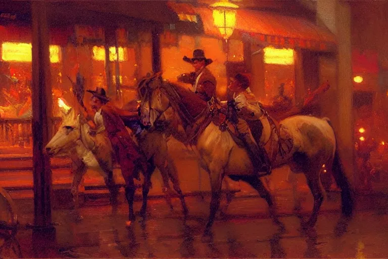 Image similar to western, night, neon light, painting by gaston bussiere, craig mullins, j. c. leyendecker