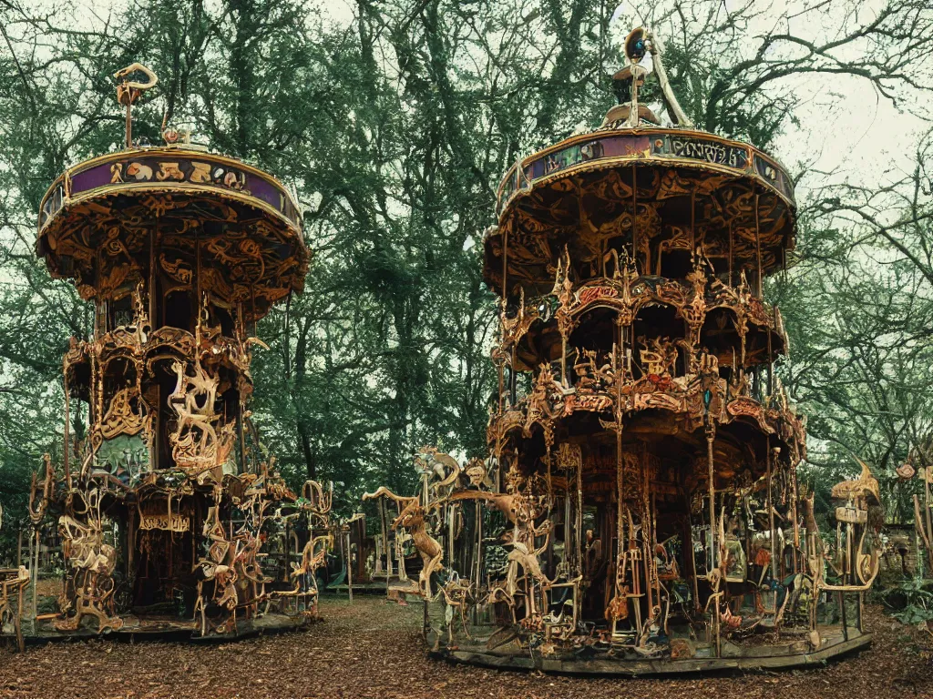 Prompt: a haunted creepy abandoned secret carousel with elaborately intricate carved wooden figures of animals, pine treehouse, slime, swamp, discovered in a secret garden, hedgemaze, photo taken on fujifilm superia film, 3 5 mm film