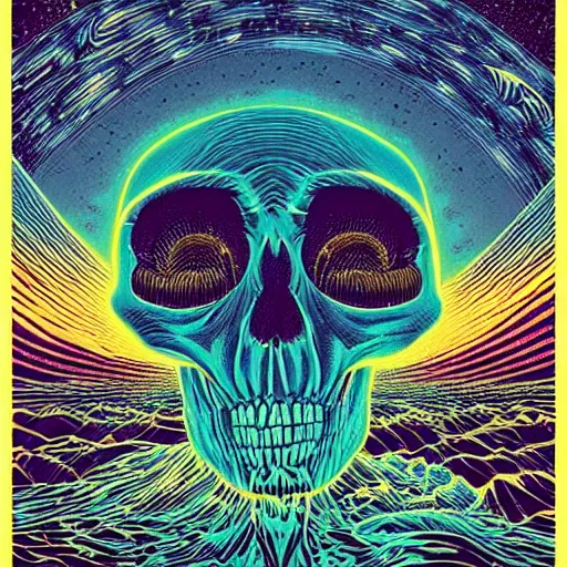 Prompt: ngc 3132 melting mysterious skull landscape by Casey Weldon, dan mumford 8k ultra high definition, upscaled, perfect compisition , golden ratio, edge of the world, image credit nasa nat geo