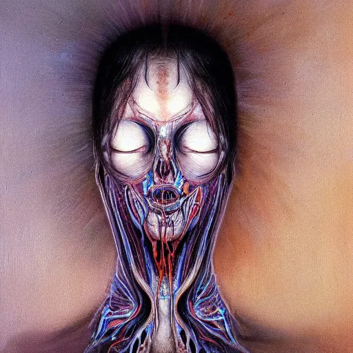 Prompt: dramatic portrait painting of woman with black mandelbrot fractal instead of face, in style of zdzisław beksinski, horror, body horror, dark, disturbing,