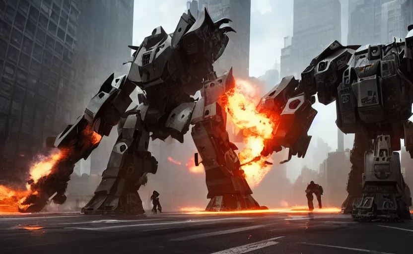 Prompt: an epic fight between two gigantic weaponized mechs in the middle of new york city, epic, cinematic, realistic, raytracing, 4 k, destructive, awesome, stunning