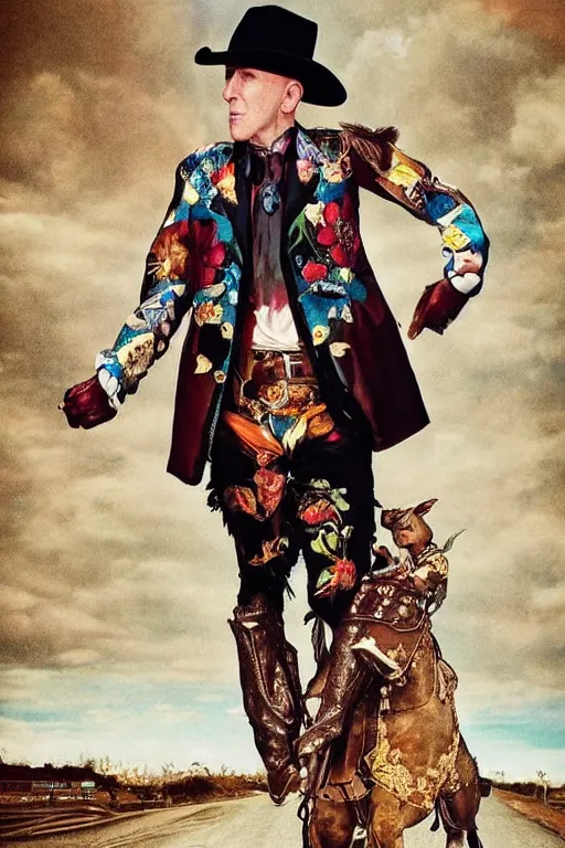 Image similar to dolce & gabbana campaign featuring maynard james keenan as a cowboy, unprocessed colors, # nofilter, shot by annie leibovitz, realistic vfx simulation