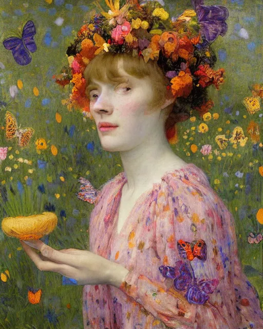 Prompt: a girl wearing a colourful patterned dress and a flower crown holding a latern surrounded by butterflies and wild flowers, painted by edgar maxence, edward hopper, wayne barlowe, james gilleard and james jean