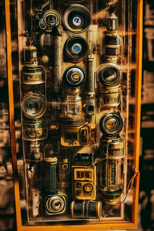 Image similar to a photo taken by someone who doesn't know how to use a camera, the most complex kodak camera ever made with vacuum tubes, capacitors and coils inside, through a dirty store window by Wes Anderson, grungy, weathered Ultra detailed, hyper realistic, 4k