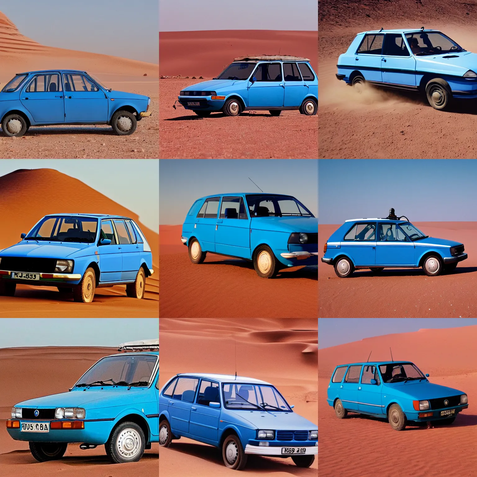 Prompt: blue Skoda 105 built in 1988 car in the sahara desert