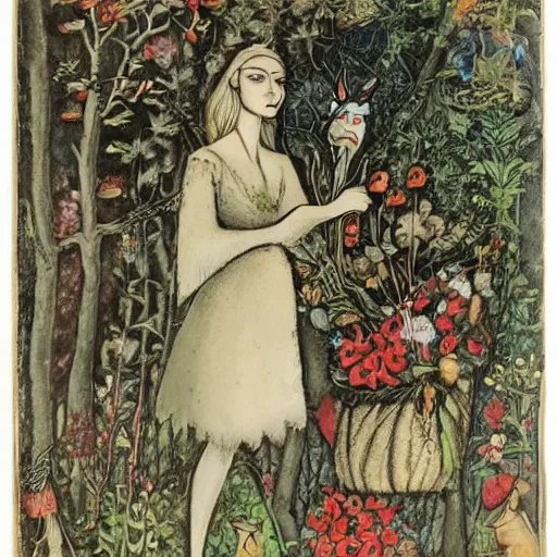 Image similar to In the mixed mediart Vasilisa can be seen standing in the forest, surrounded by animals. She is holding a basket of flowers in one hand and a spindle in the other. Her face is turned towards the viewer, with a gentle expression. In the background, the forest is depicted as a dark and mysterious place. scarlet by Bruno Munari monumental