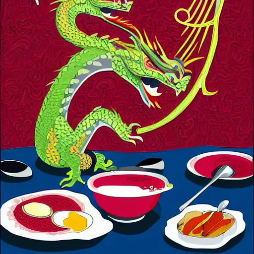 Image similar to Dragon eating russian borsch soup on the Red Square, digital art