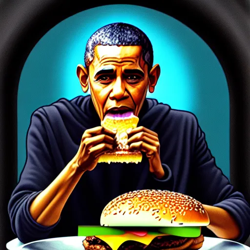 Prompt: intricate oil painting of barrack obama eating a cheese burger sitting on the iron throne, concept art, intricate, highly detailed, 8 k, takeshi obata, alphonse mucha, trending on artstation