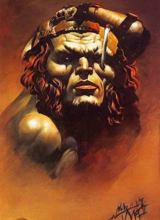 Image similar to portrait of barbarian mars, coherent! by mariusz lewandowski, by frank frazetta, deep color, strong line, high contrast