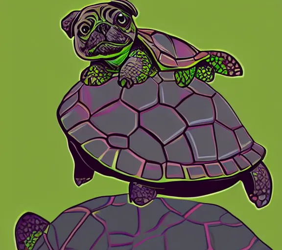 Image similar to a cute little turtle sitting on the back of a black pug, digital art, colourful