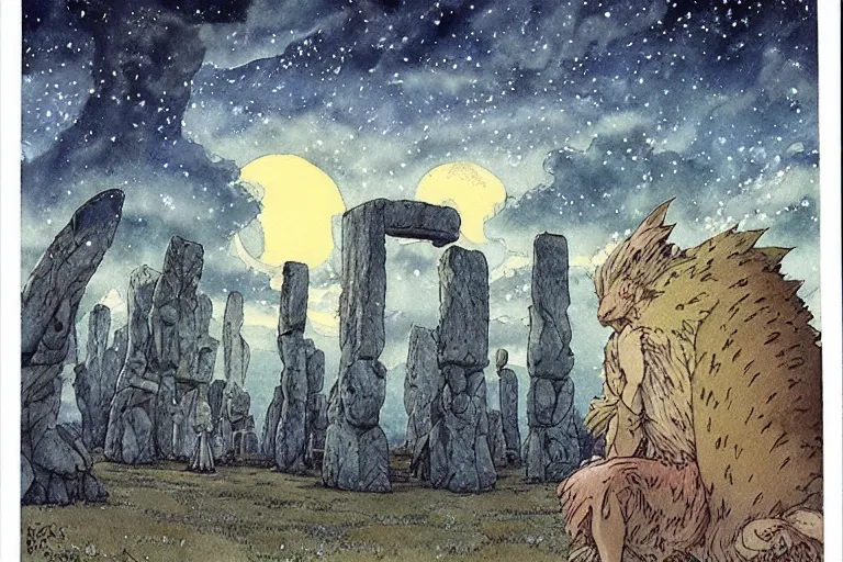 Prompt: hyperrealist studio ghibli watercolor fantasy concept art of a kaiju using stonehenge as a chair. it is a misty starry night. by rebecca guay, michael kaluta, charles vess