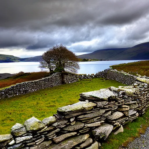 Prompt: ancient dry stone wall in the lake district in england by tyler edlin