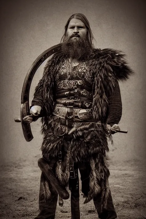 Image similar to old vintage full body photo of ancient viking warrior with full beard on the complex complex steam punk art deco antigravity engine during big viking event, extreme sports photography ,super high speed photography, dynamic photography,symmetrical face, clean face, muscular body, high speed,dirt and grawel in air, lens flares, dust partiles in the air, dramatic lighting, intricate, highly detailed, centered, smooth, sharp focus, sports photography, old photo, black and white, sepia, cinematic lighting, cinematic angle, national geographic