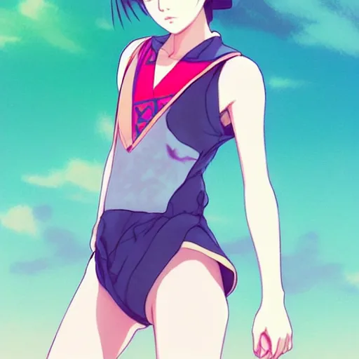 Image similar to a beautiful boyish japanese emma watson alluring instagram model, wearing elegant japanese hiphop leotard outfit with subtle mayan patterns and native fashion, aztec street fashion bathing suit, jrpg fashion, gapmoe yandere grimdark, trending on pixiv fanbox, painted by greg rutkowski makoto shinkai takashi takeuchi studio ghibli, akihiko yoshida