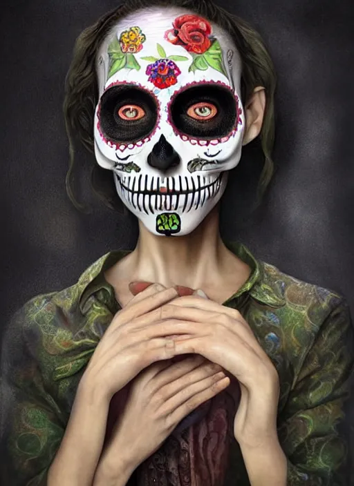 Image similar to dia de los muertos theme surrealist art in the styles of igor morski, jim warren, and giuseppe mastromatteo, winking, intricate, hyperrealistic, accurate facial details, profile picture with chromakey!!!!! background, volumetric lighting