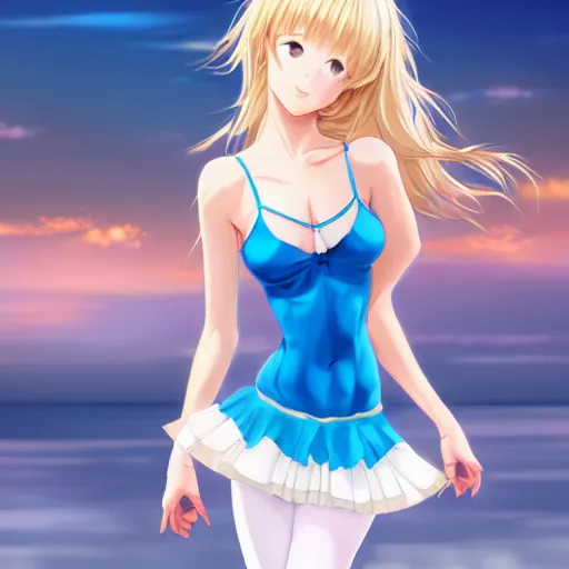 Image similar to a very beautiful young mature anime ballet girl, full body, long wavy blond hair, sky blue eyes, full round face, short smile, bikini, miniskirt, highly detailed, cinematic wallpaper by stanley artgerm lau