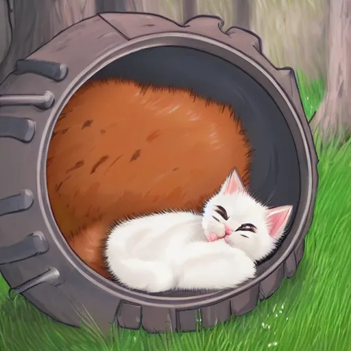 Image similar to cute kitten sleeping in an overgrown oil drum in a forest, digital art, artstation, studio ghibli