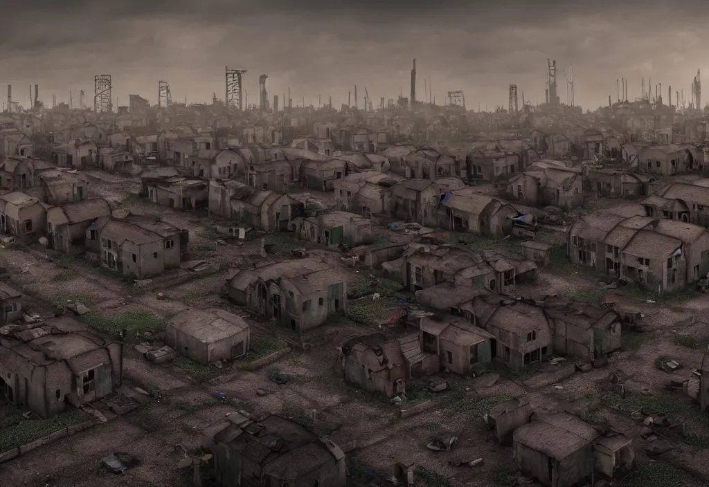 Image similar to dystopian poor village, with decrepit run down houses outside of a much larger town. 8 k, octane render, city in backround, town in foreground, dark, gloomy, sad, polluted